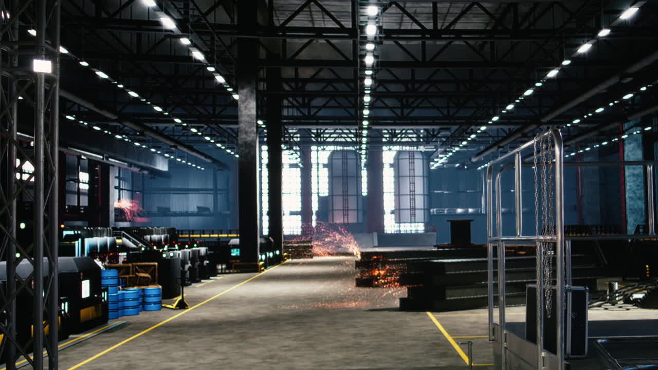 Empty heavy industry factory shows spacious machinery hall with metallic beams