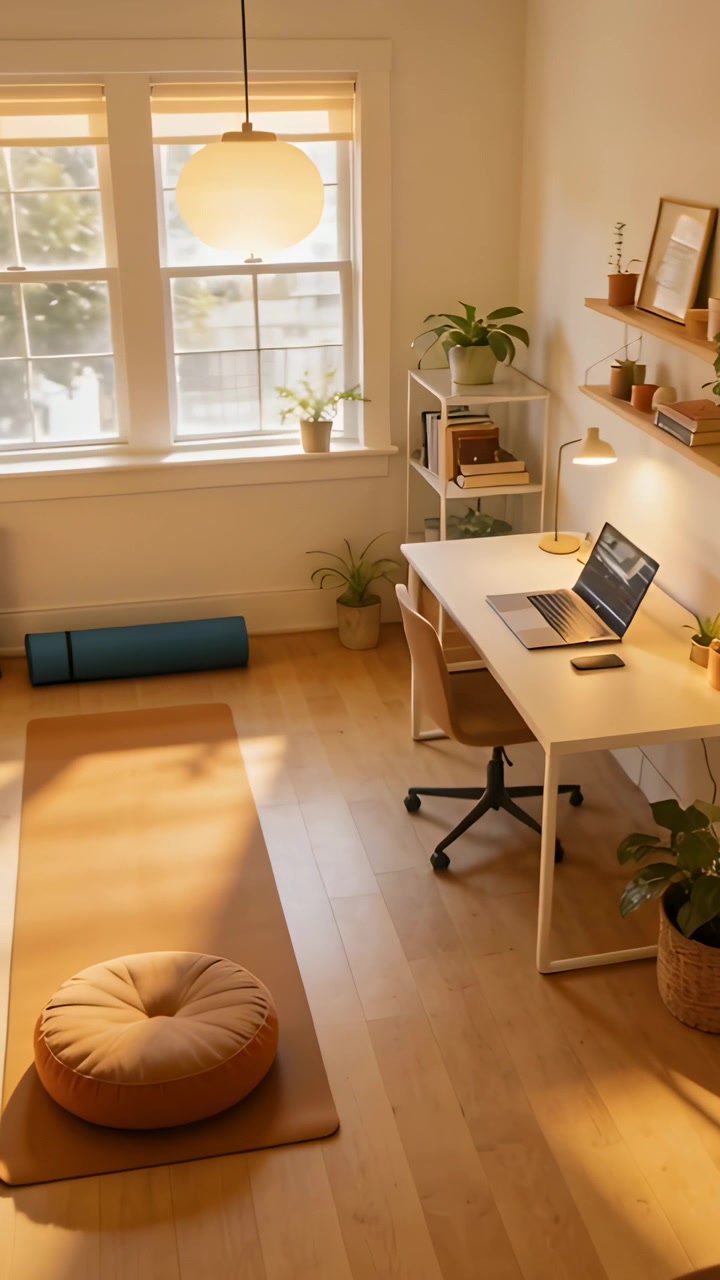 Vertical video: Panning camera revealing desk at home, showing laptop and yoga mat, showing layout