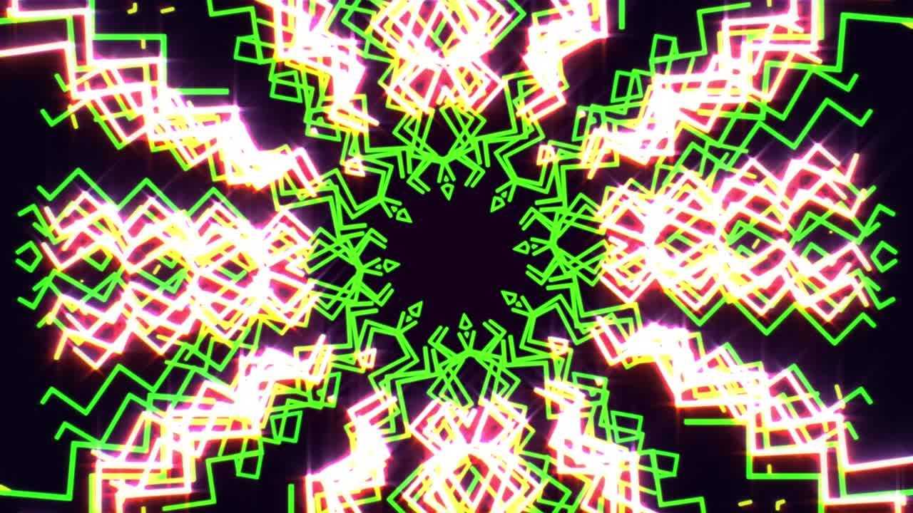 Abstraktní pozadí pohybujícího se koridoru s jasnými kaleidoskopickými liniemi zářícími barevným neonovým osvětlením