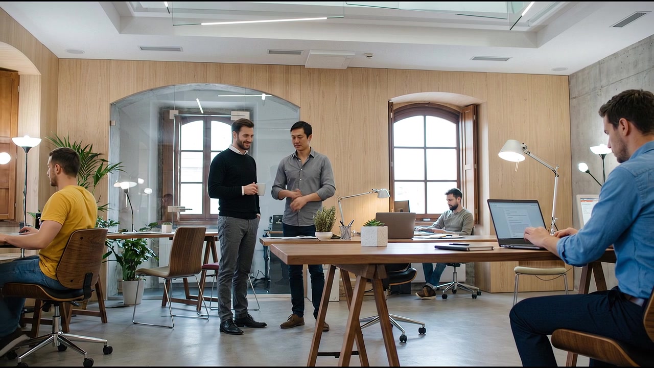 Business colleagues discussing project ideas in modern meeting room with digital workspace