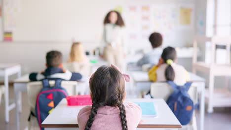 Learning,-question-and-hands-raised-with-girl