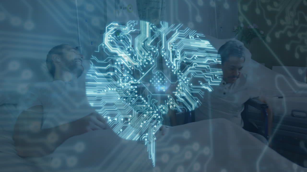 Animation of computer circuit board brain and connections over caucasian male patients