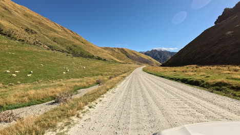 Fast-drive-along-dirt-road-through-back-country,-Queenstown,-New-Zealand,-POV-from-car