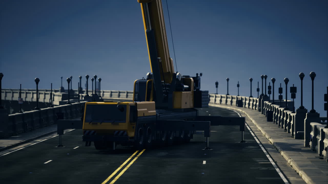 Construction crane lifts heavy load on a busy urban bridge at dusk