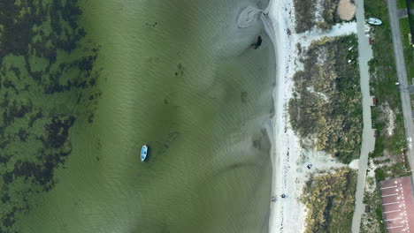 Vista-Aérea-Que-Captura-Un-Barco-Solitario-En-Aguas-Claras-Y-Poco-Profundas-Cerca-De-Una-Costa-De-Arena-Blanca,-Que-Contrasta-Con-La-Vibrante-Vida-Vegetal-Submarina.