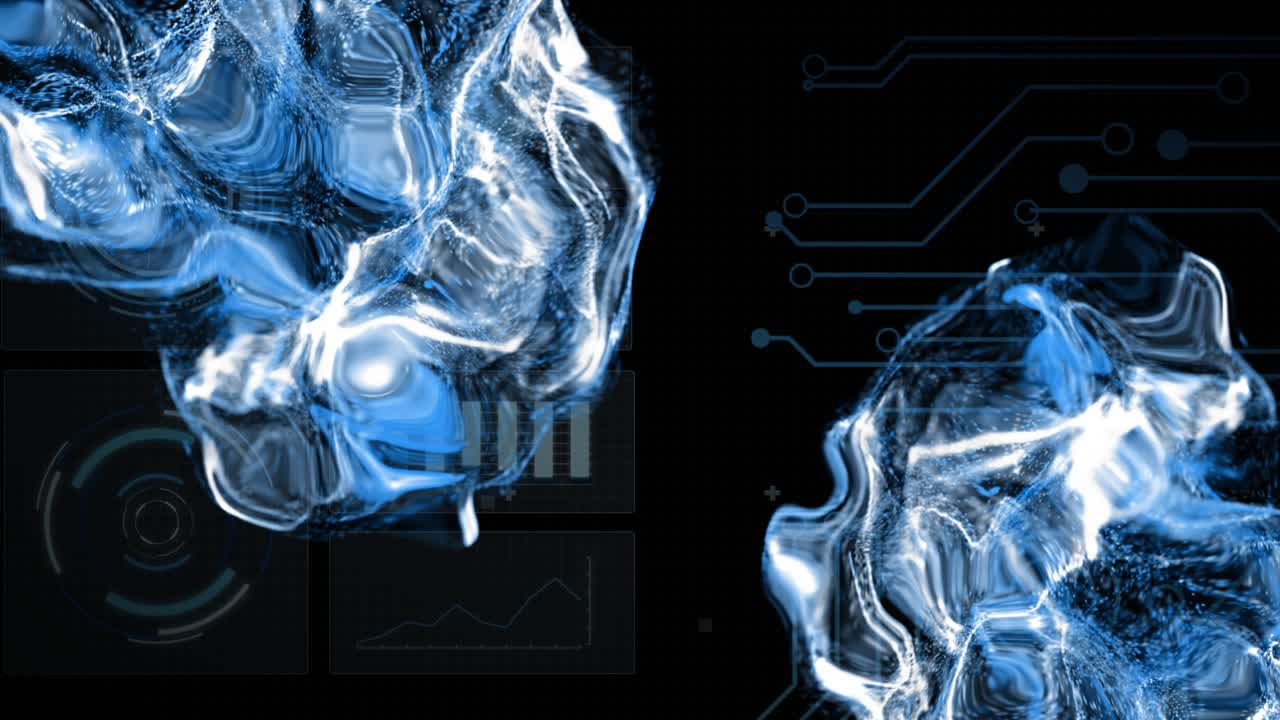 Animation of digital data processing and scope over circuit board and flames