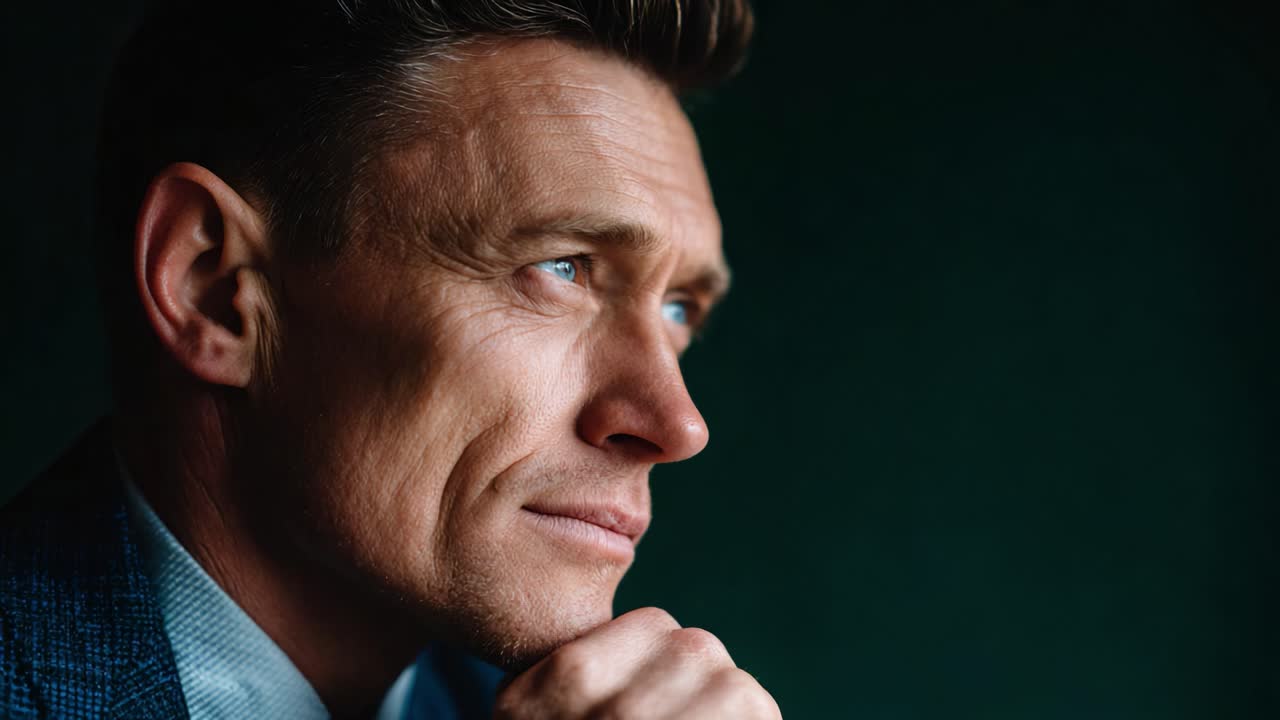 A Thoughtful Man in a Suit Ponders Life in a Reflective Moment with a Deep, Introspective Gaze Against a Serene Background in Soft Lighting
