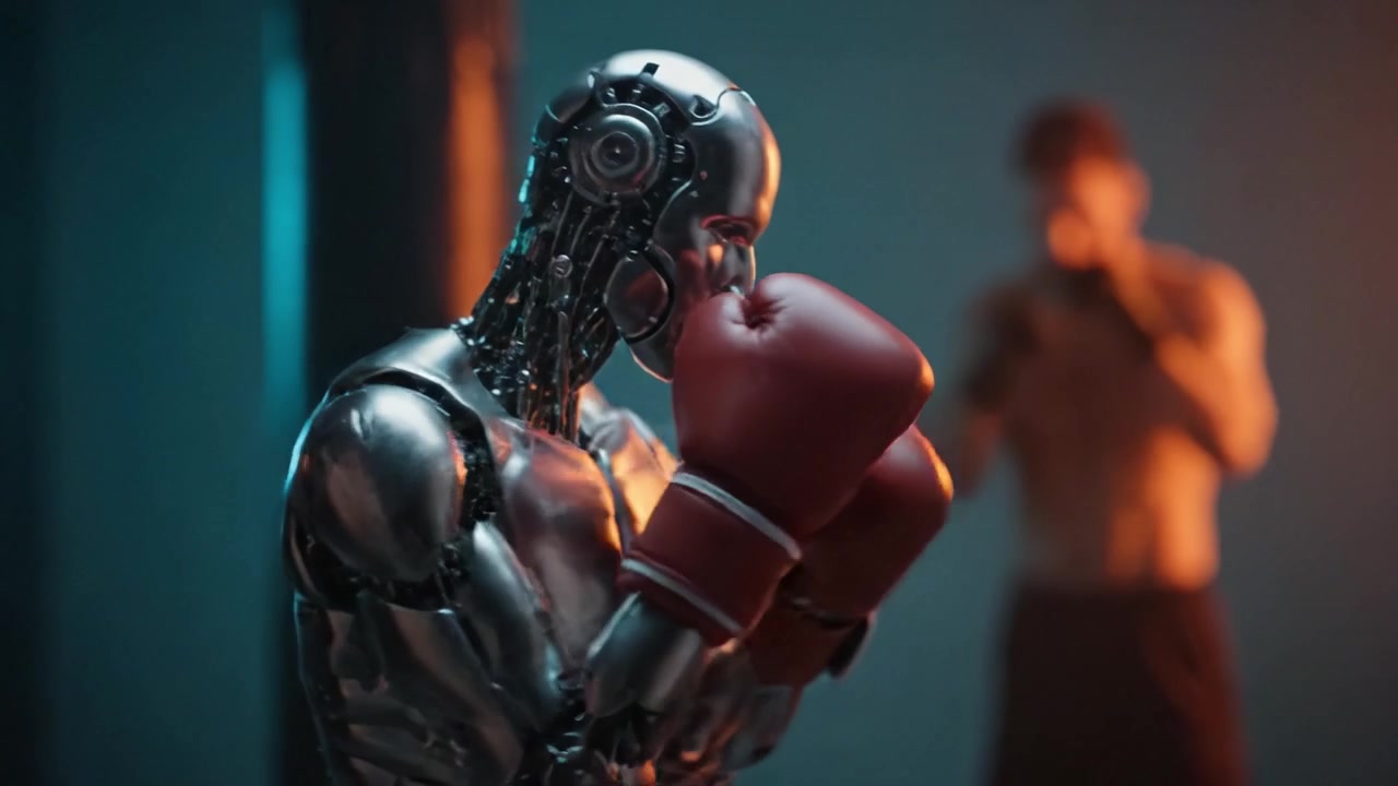 Futuristic Robot Boxer Training: A Daring Encounter Between Advanced Technology and Human Skill in an Intense Boxing Arena Experiment
