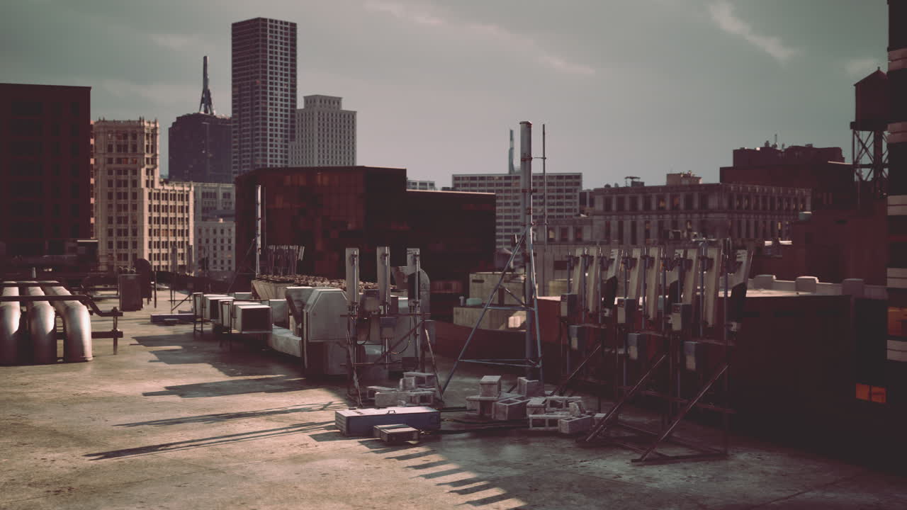 녹슬은 기계와 스카이 라인의 전망을 가진 도시 지붕