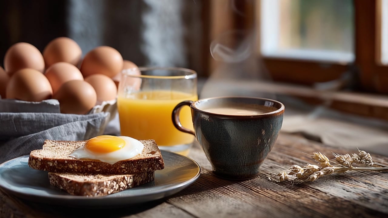 Mesa de Café da Manhã com Café Fumegante e Ovo Frito na Torrada