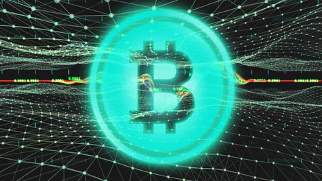 símbolo de bitcoin sobre el procesamiento de datos financieros contra las ondas digitales.