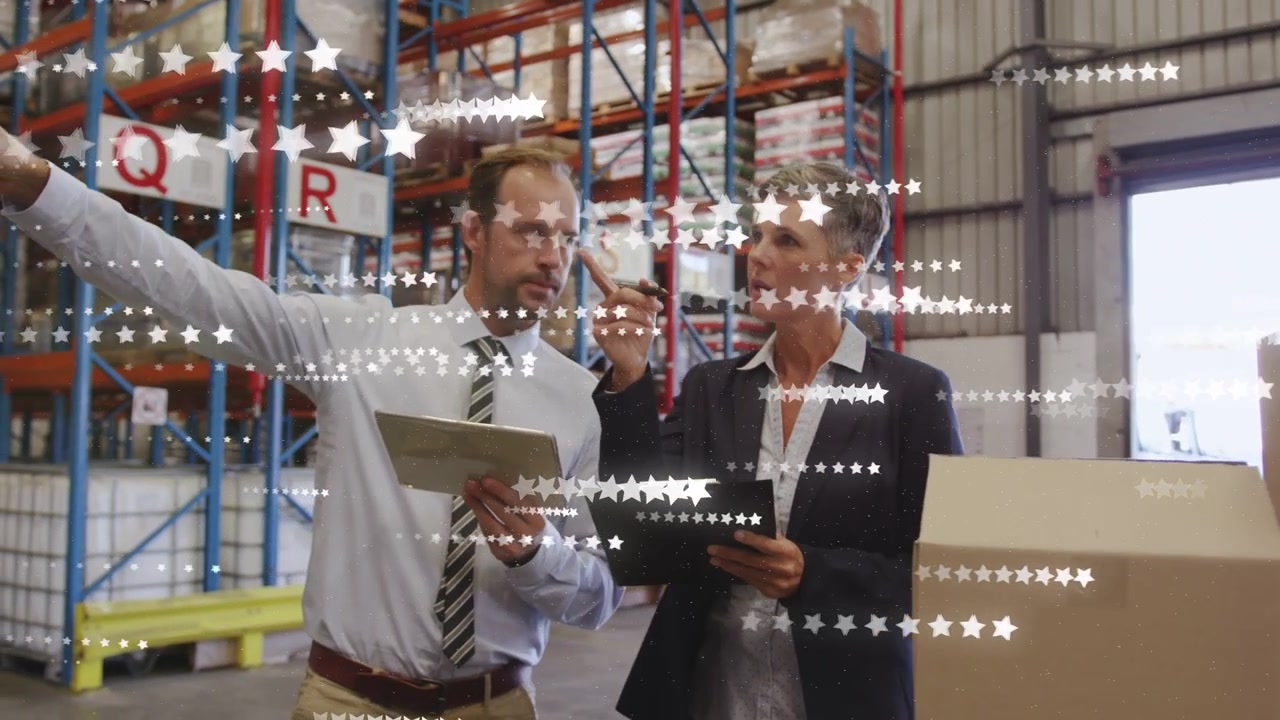 Man pointing and woman following tapping pads at depot rack Q checking stock star overlaying faces