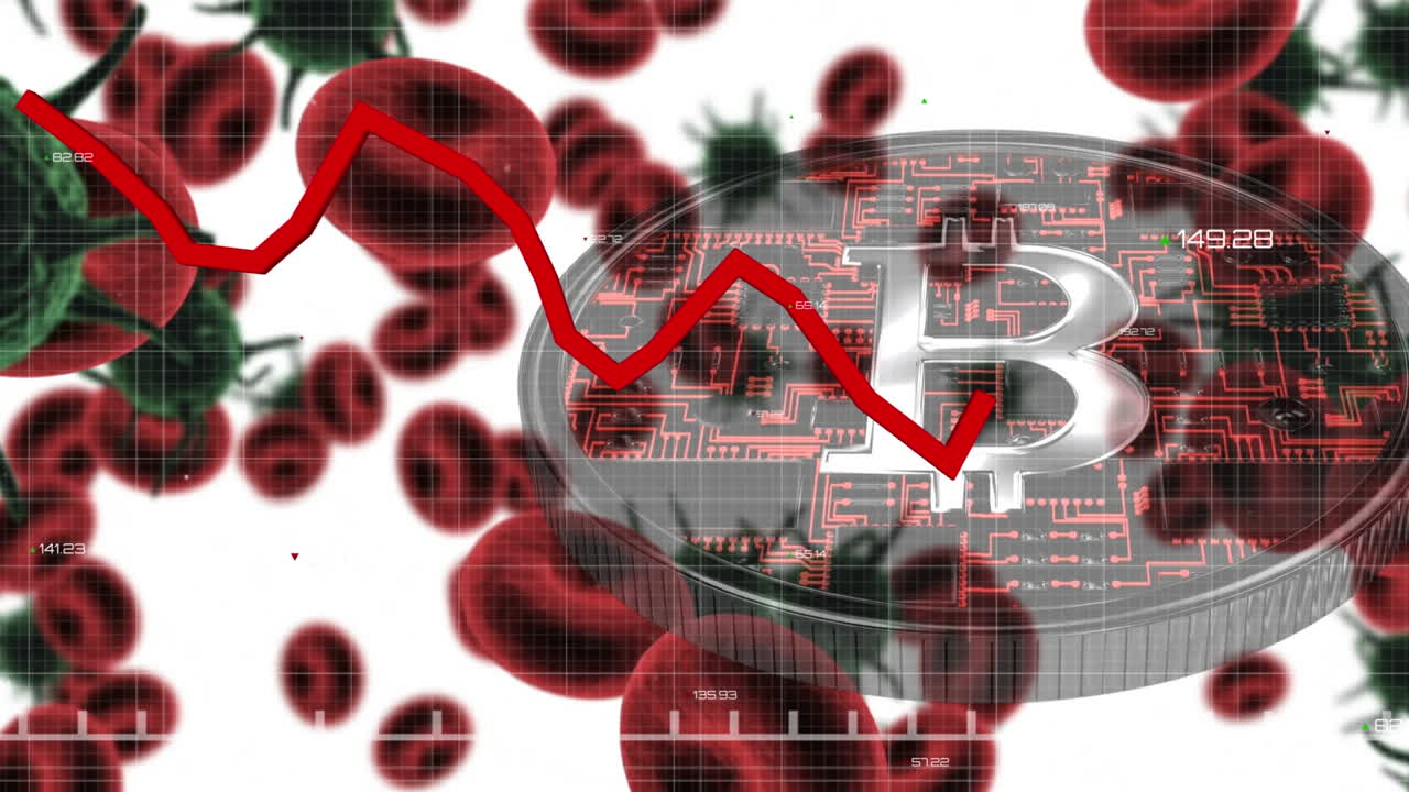 비트코인과 코로나 19 세포 위의 빨간 선으로 금융 데이터 처리의 애니메이션