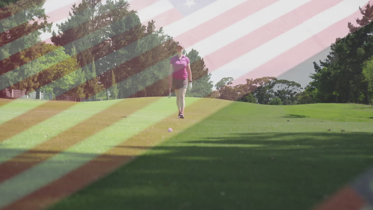 Person golfing on green course with American flag overlay animation