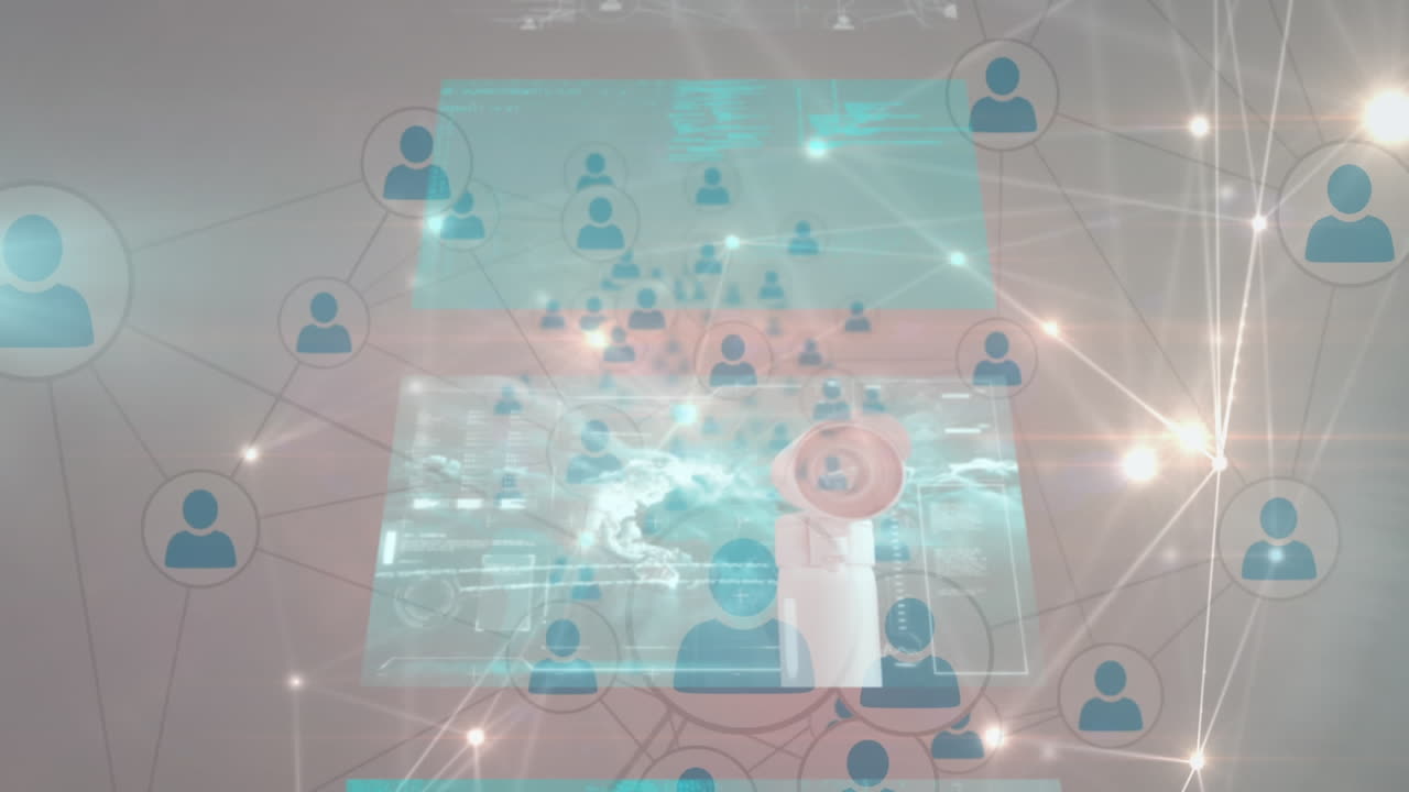 화면에서 데이터 처리의 애니메이션과 사람과 연결된 네트워크 아이콘