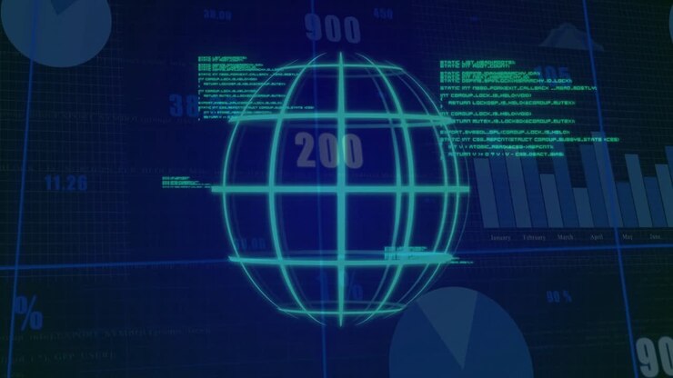 Globo che emerge su un dashboard di dati, grafico a barre che appare e codici che scorrono visualizzando l'analisi