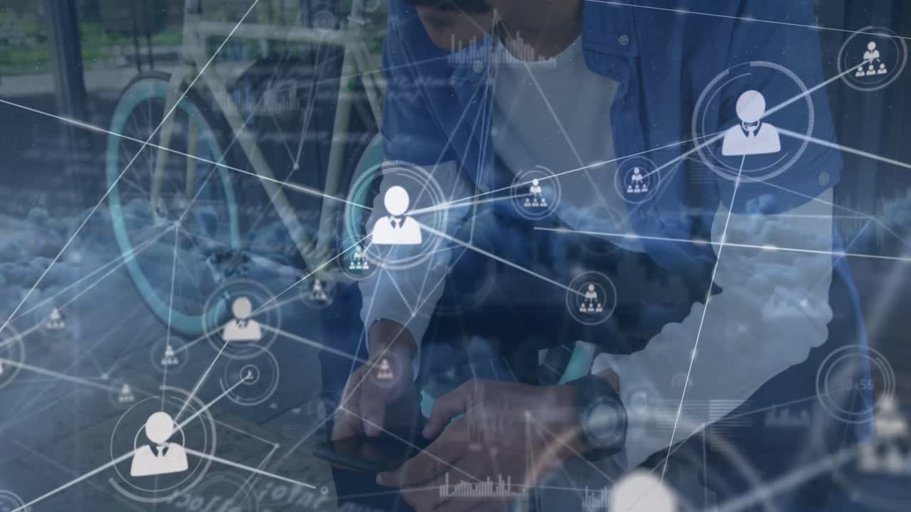 Animation of network of profile icons over clouds in the sky against caucasian man using smartphone