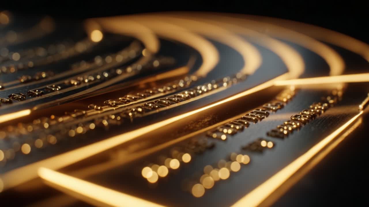 Prestigious golden credit cards moving in a circle with glowing light effects, showcasing wealth and finance. Extreme close up shot highlighting the embossed numbers and luxurious design
