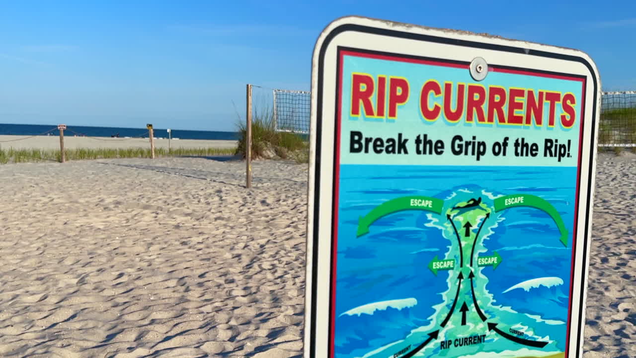 Ocean safety sign teaches how to escape rip currents along sandy shoreline
