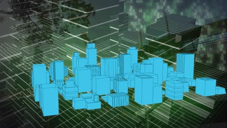 animación de un dibujo de ciudad en 3d que gira sobre el paisaje urbano