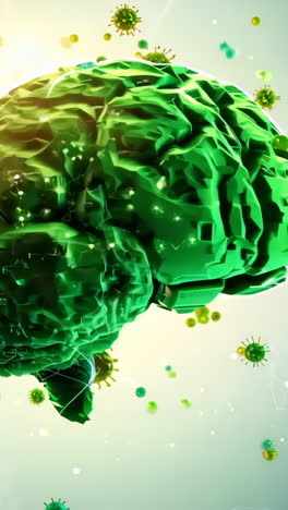 a green brain with a virus in the background. the brain is surrounded by many small green spheres