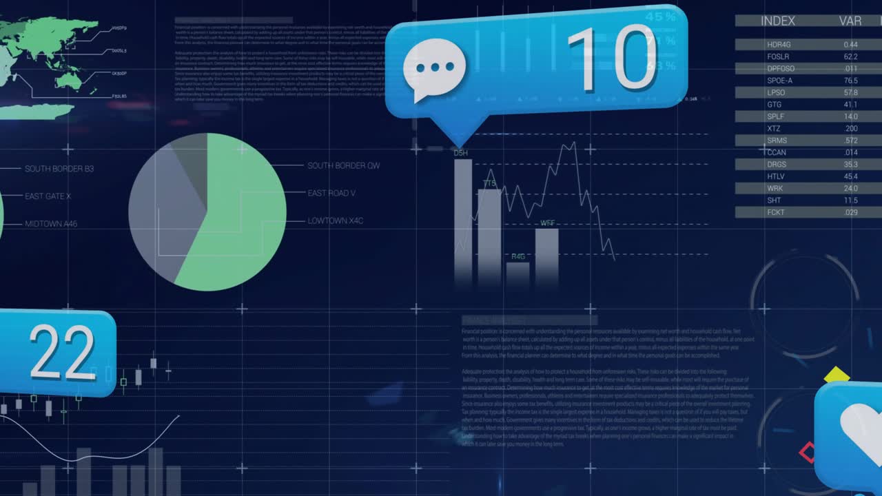 Dark grid showing table, charts, map; notification bubbles popping updating displaying live counts