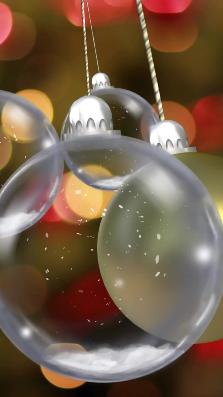 Animazione di palline di Natale che pendono sopra lucine natalizie tremolanti sullo sfondo.