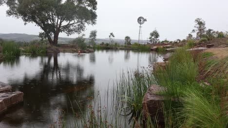 Un-Hombre-Nada-En-Agua-Fría-En-La-Represa-De-Su-Granja-Mientras-Llueve-En-Australia