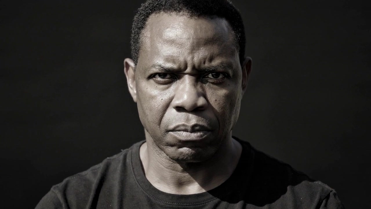 Cutting closeup, man in black tee holding stern expression in studio with key light