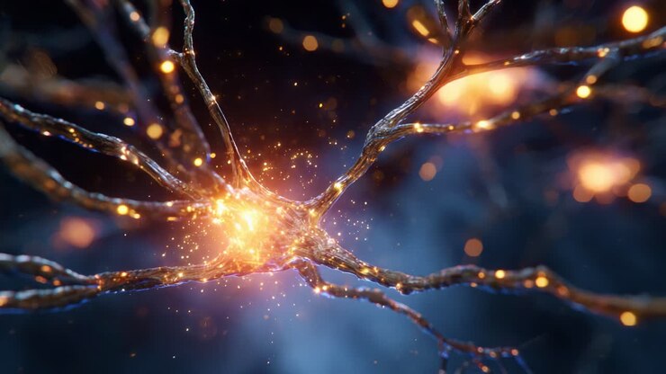 Accattivante primo piano di reti neurali: connessioni scintillanti tra neuroni che mostrano dettagli intricati di sinapsi e attività elettromagnetiche