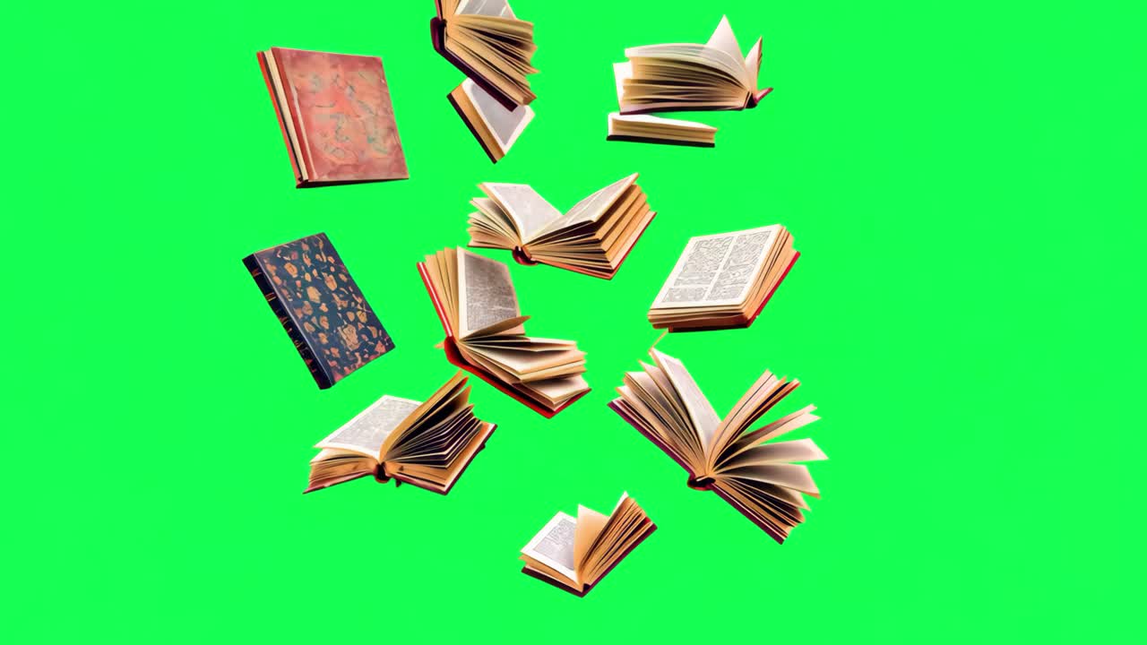 Floating vintage books animation, transparent 4K video, green screen