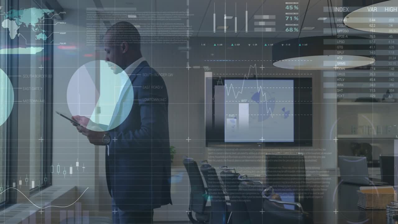 Business professional scrolling tablet and comparing animated charts for live metrics insight