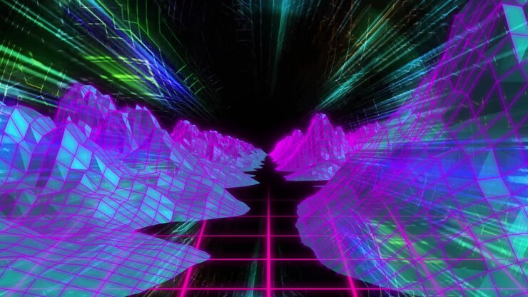 Animation of glowing mountains view over grid and black background