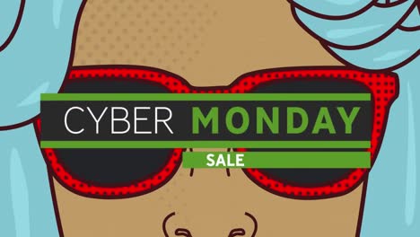 Digital-animation-of-cyber-monday-sale-text-banner-against-woman-wearing-sunglasses-icon