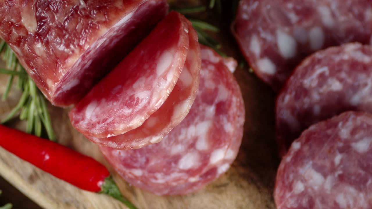 el salame en rebanadas con romero y chile gira lentamente.