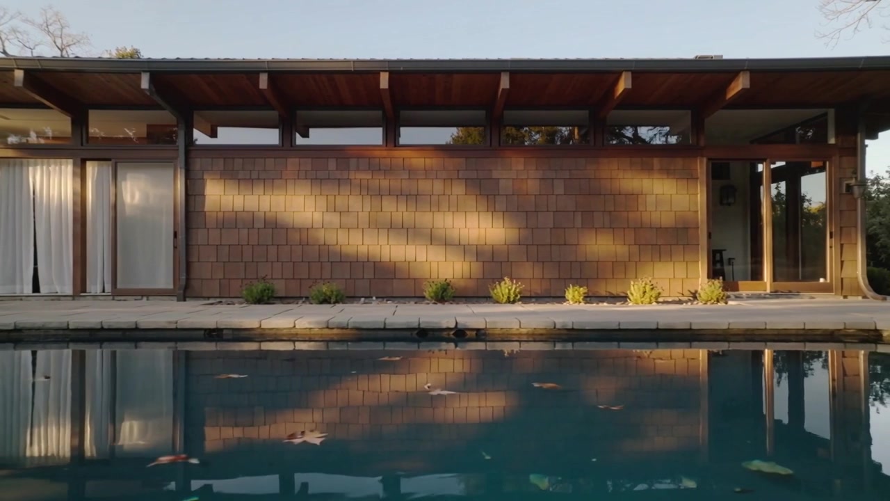 Shifting sunlight and breeze moving leaves across backyard pool while sliding door opening slightly