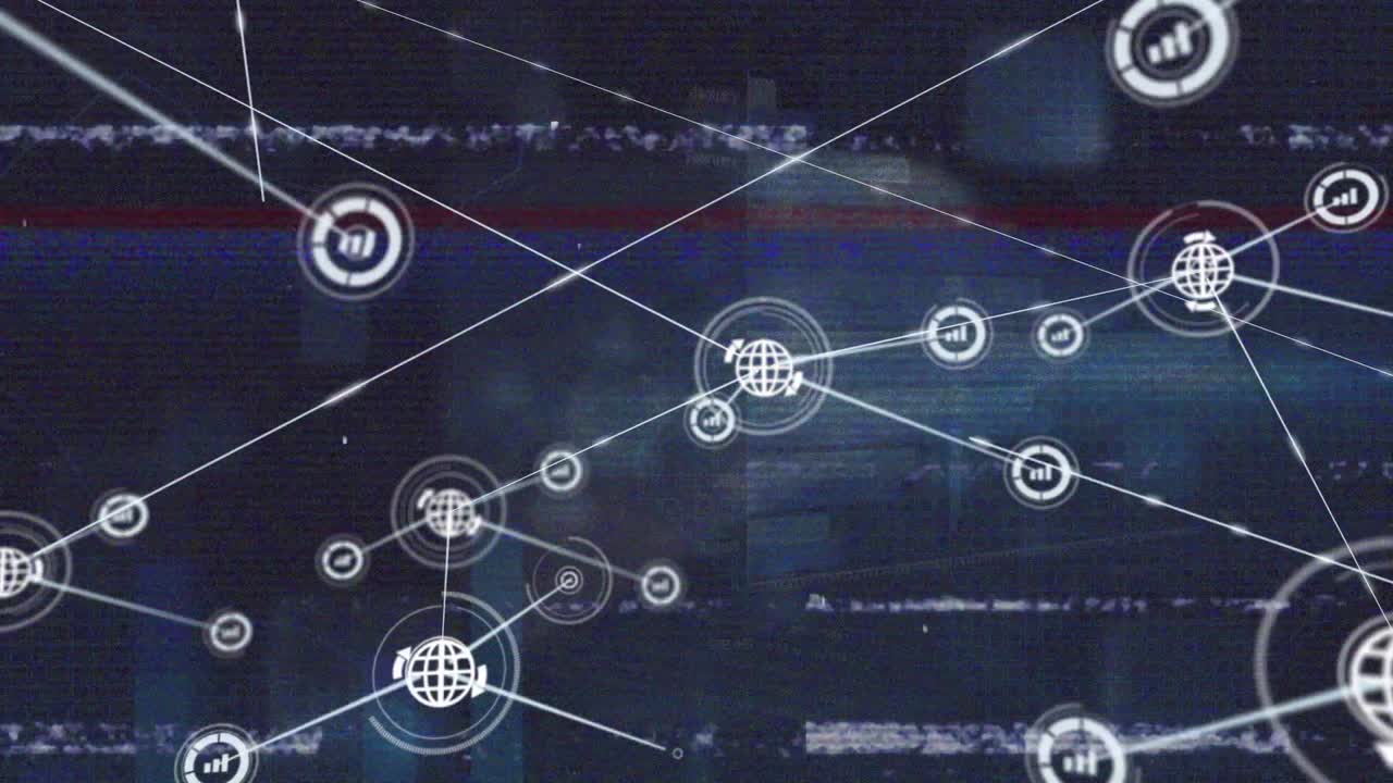 Animation of vhs glitch effect over network of digital icons against screens with data processing