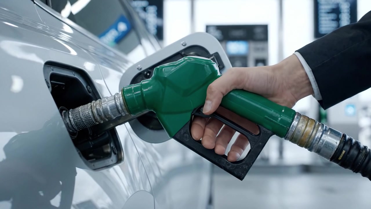 Una vista ravvicinata di una persona che fa rifornimento a un veicolo con benzina, evidenziando la pompa di carburante e il processo di riempimento del serbatoio in una moderna stazione di servizio