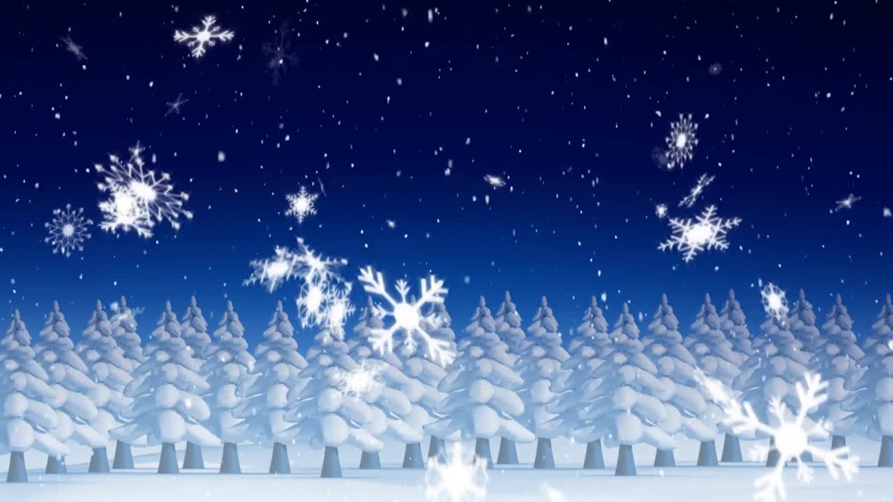 Snow falling and fir trees