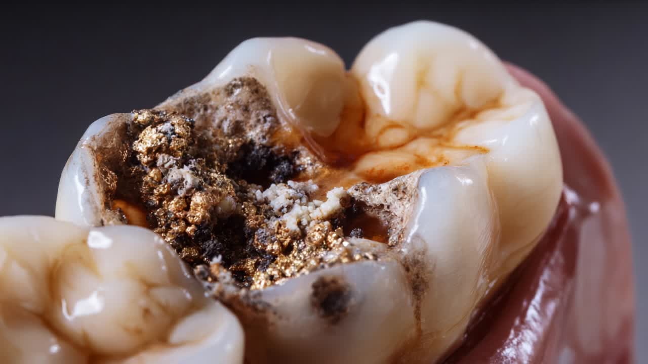 An Intimate Look at Severe Tooth Decay: A Detailed Exploration of a Cavity with Visible Damage and Coloration Changes Indicating Deterioration of Dental Health and Hygiene