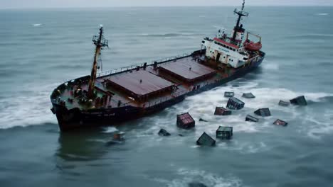 a cargo ship stranded and listing in rough waters, surrounded by debris, illustrating the impact of maritime challenges and environmental concerns on marine vessels