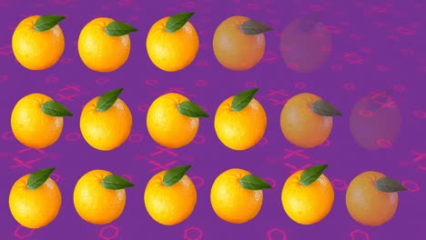 animación de naranjas sobre formas rosadas en movimiento