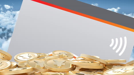 animación de monedas de yen de oro sobre la pantalla con icono wifi