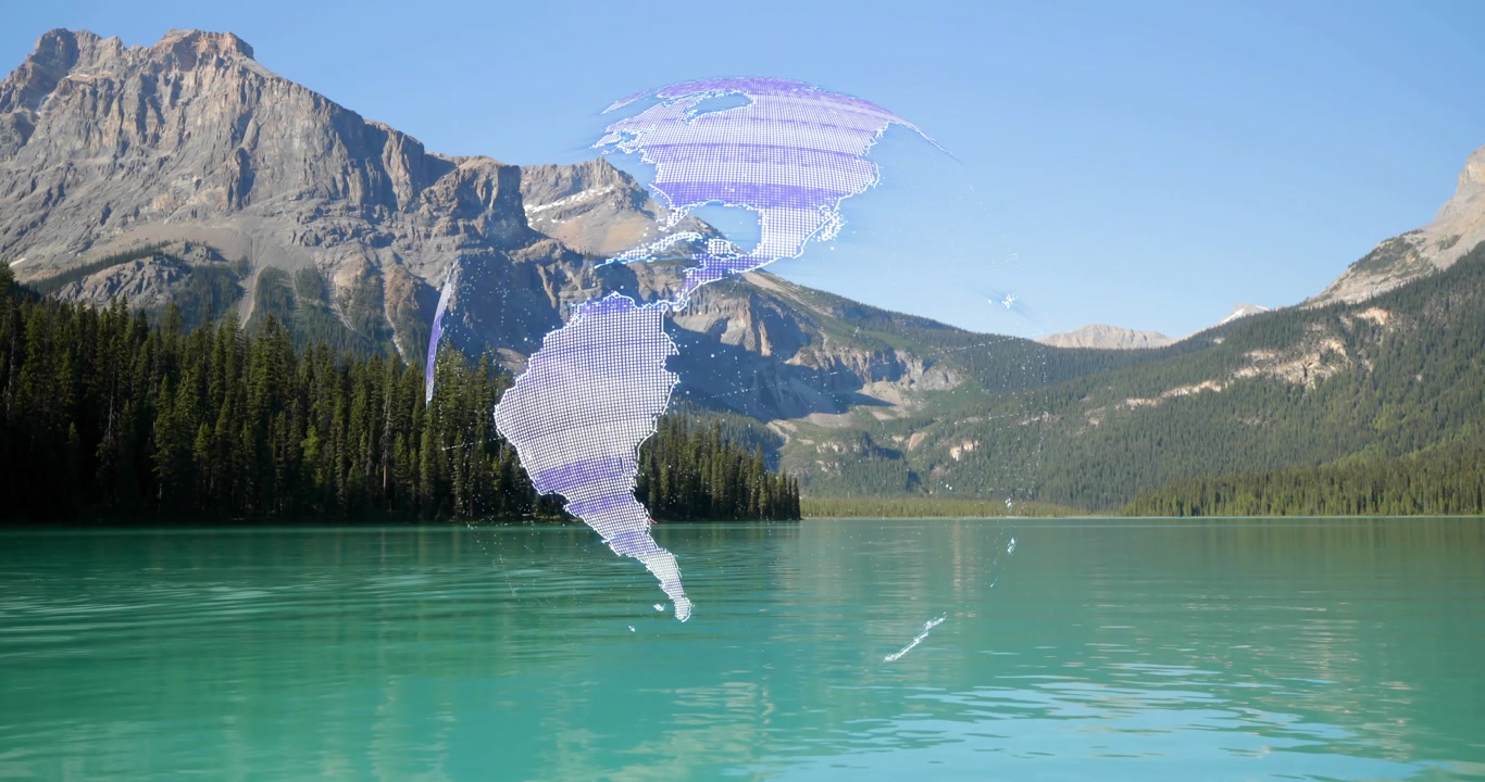 Digital fragments rising above lake and forest coalescing into rotating mesh globe then scattering