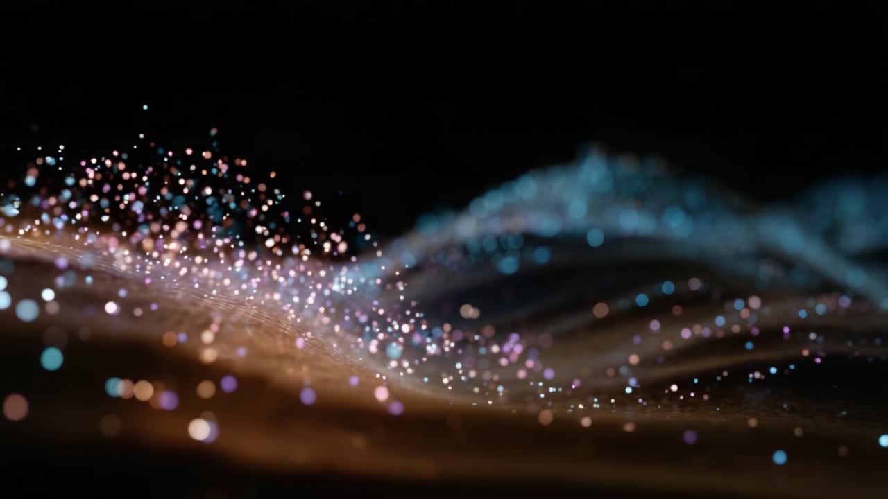 Flusso etereo di particelle colorate che creano una straordinaria esperienza visiva in un ambiente scuro, enfatizzando la bellezza e il movimento nell'arte astratta