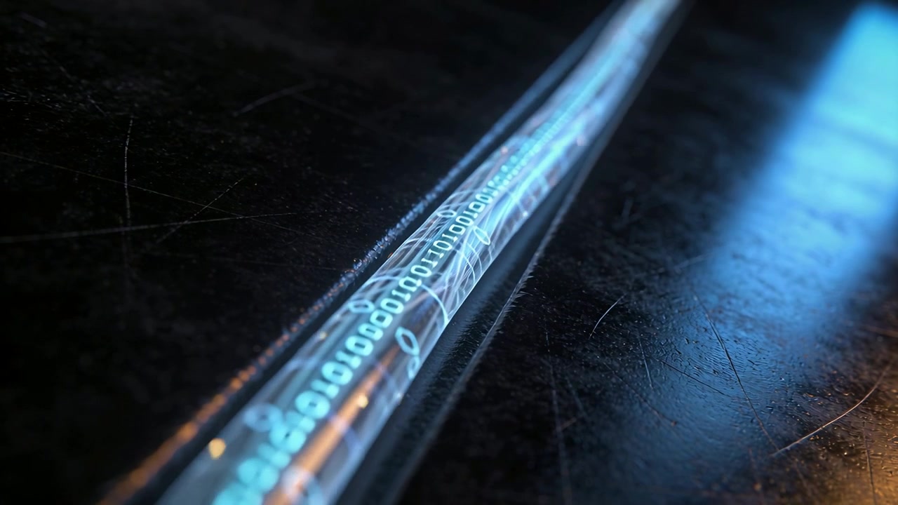 Starting camera tracking cable revealing glowing binary digits on dark metal, showing inner fibers