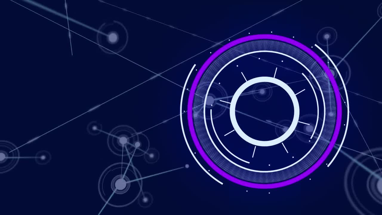 Animation of purple round scanner spinning over network of connections against blue background