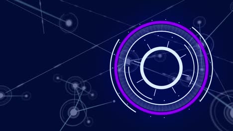 Animation-of-purple-round-scanner-spinning-over-network-of-connections-against-blue-background