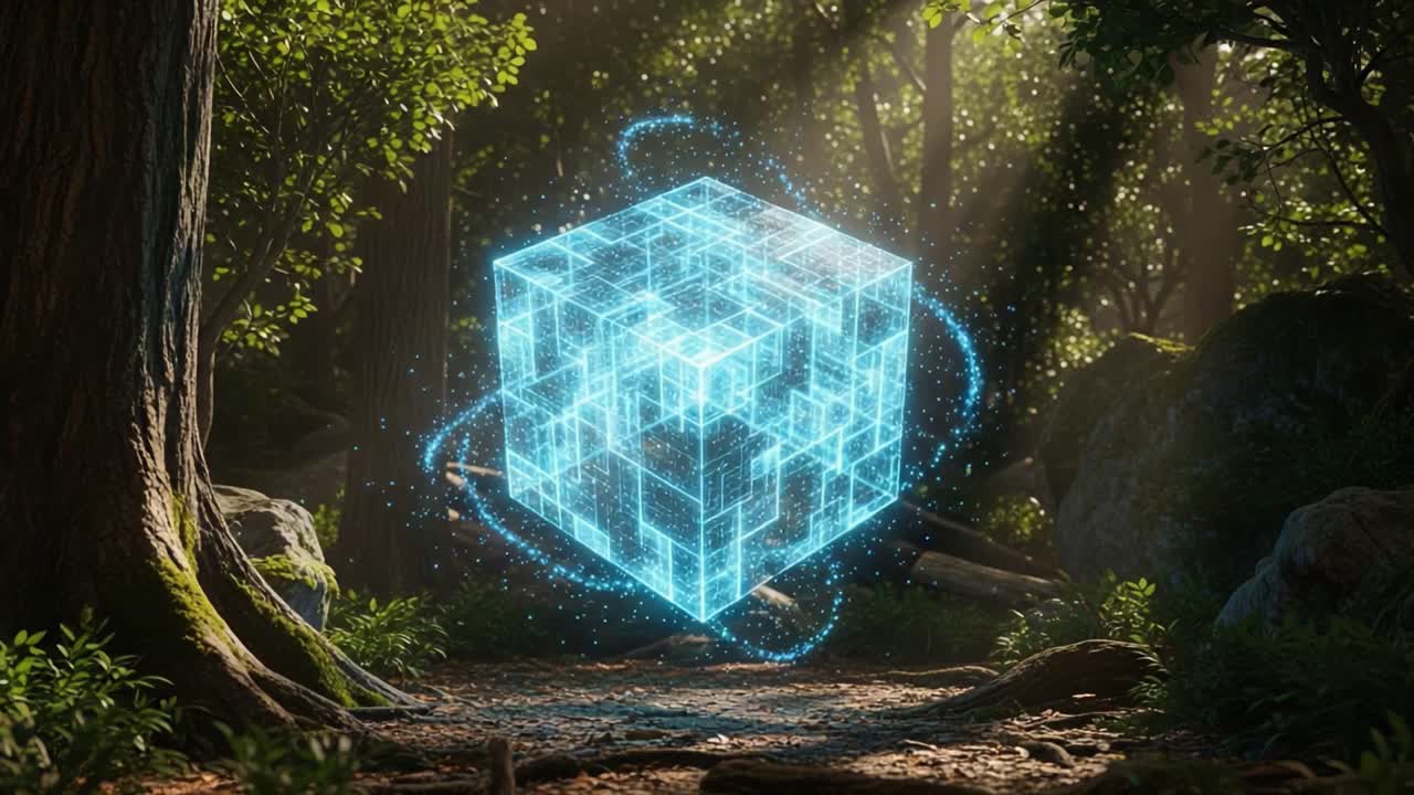 A Futuristic Glowing Cube Surrounded by Enchanted Forest, Emitting Light and Energy in a Mystical Natural Setting, Symbolizing Technology and Nature Intertwined