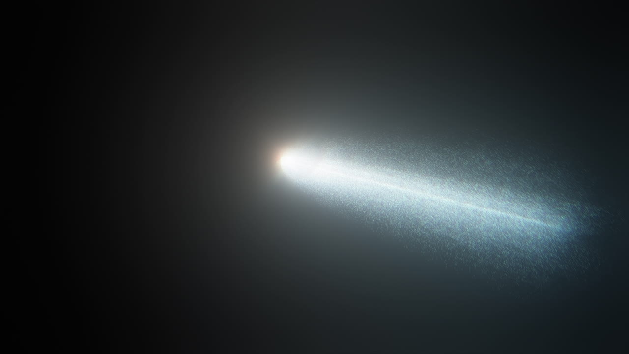 Comet Heading Towards Deep Space with Ice Debris Particles on Black Background. Glowing Mysterious Object Hurtling Through Galaxy. 3D Animation Rendering of 3i Atlas